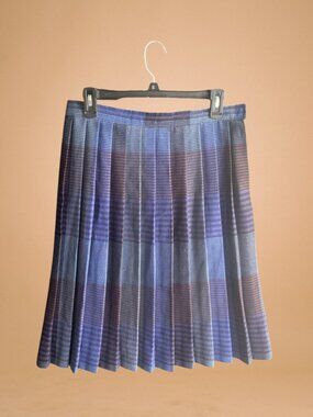 VTG Louben 100% Virgin Wool Pleated Plaid Tartan Midi Skirt Blue Purple Small